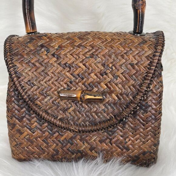 Asiaphile Los Angeles Brown Wicker Bag Bamboo Handle - Picture 2 of 11